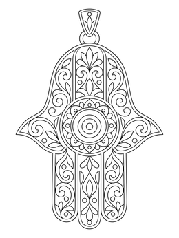 An intricate Hamsa evil eye coloring page with ornate scrollwork patterns.