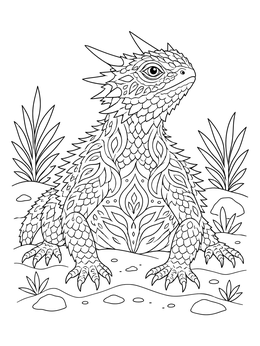 Detailed horned lizard on sand in an intricate desert coloring page.