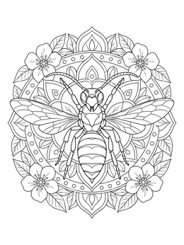 Detailed hornet coloring page framed by a floral mandala design.