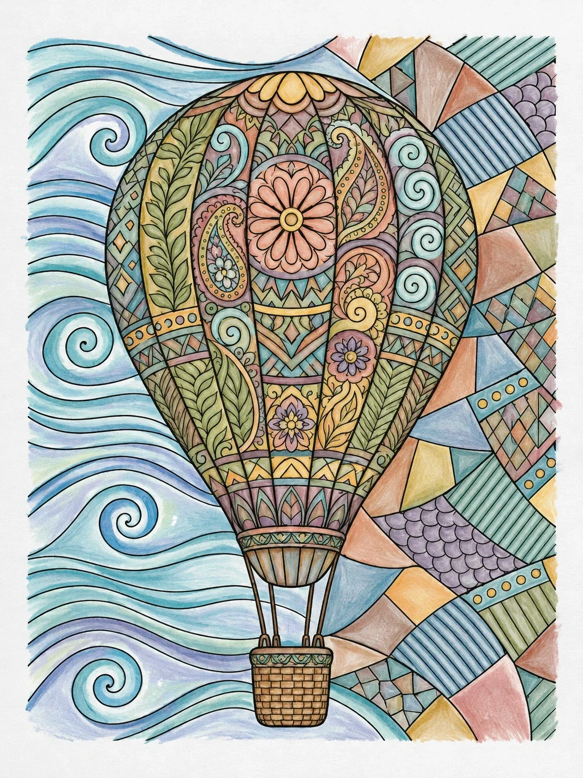 Colored example of the Intricate Hot Air Balloon In Patterned Sky coloring page