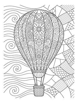 A detailed zentangle coloring page featuring an ornate hot air balloon against wind and mosaic sky patterns.