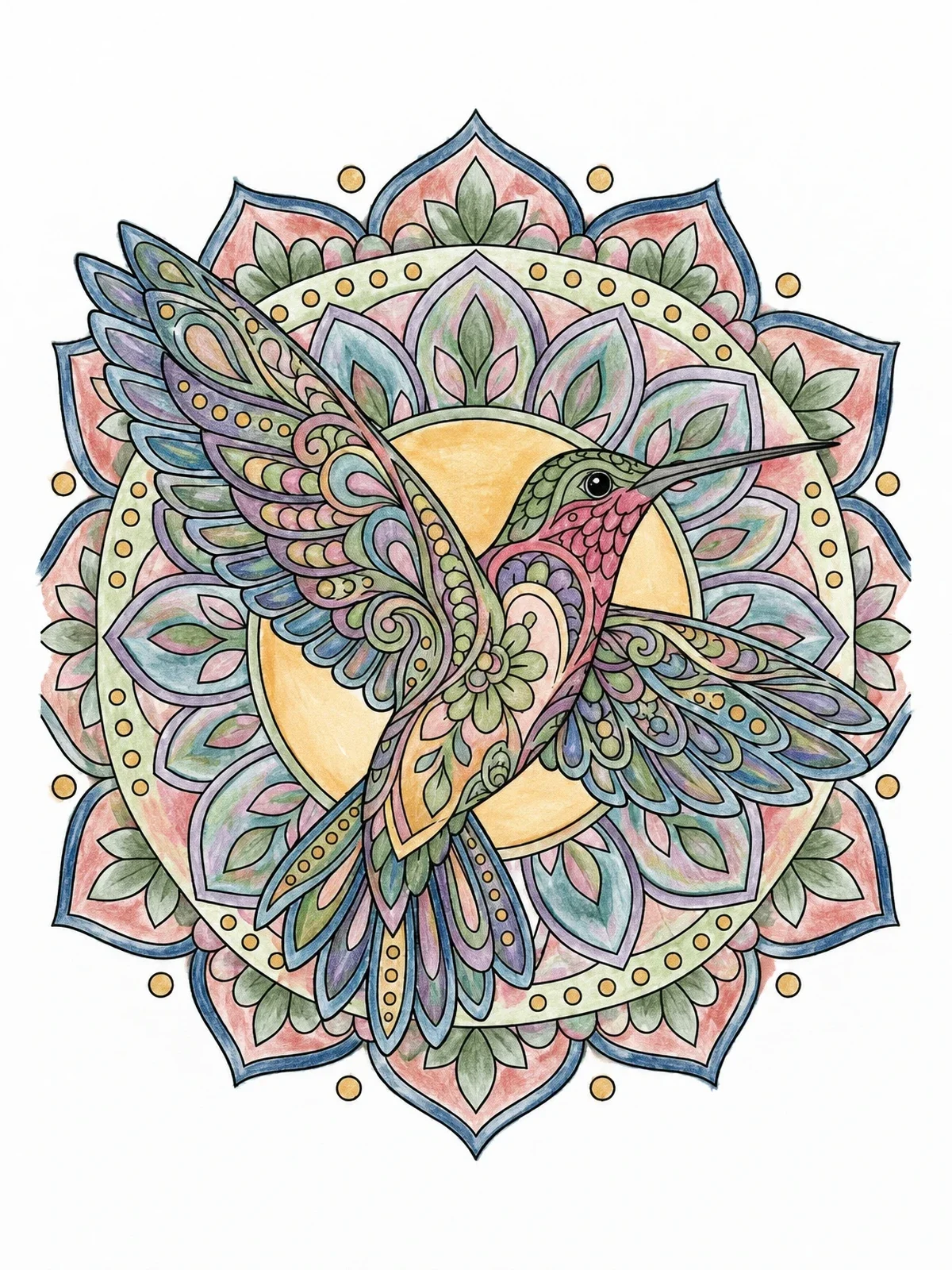 Colored example of the Intricate Hummingbird With Mandala Background coloring page