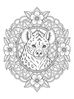 A detailed hyena coloring page framed inside an ornate circular floral mandala.