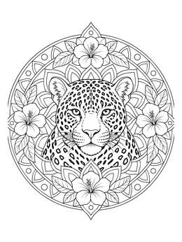 Detailed jaguar coloring page framed inside a circular mandala with tropical flowers.