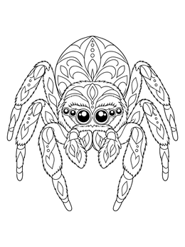 Detailed spider coloring page showing a cute patterned jumping spider facing forward.