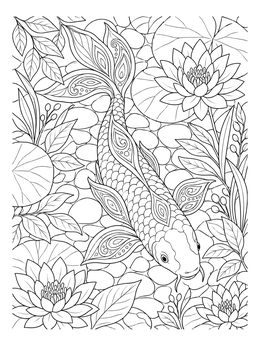 An ornate koi fish coloring page surrounded by water lilies and smooth river stones.
