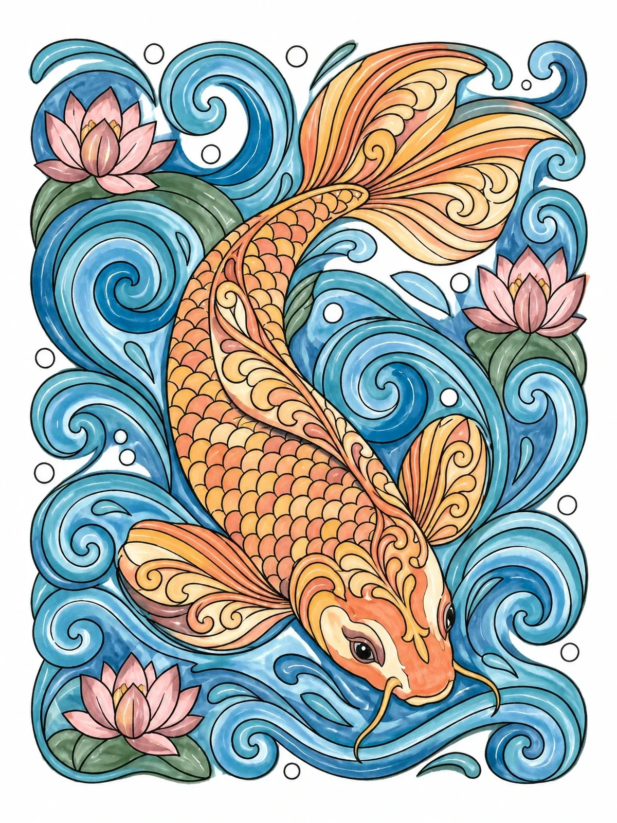 Colored example of the Intricate Koi In Swirling Waters coloring page
