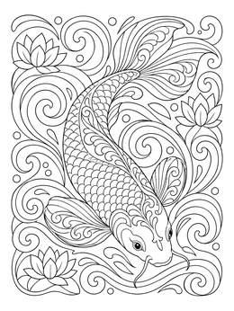 An ornate koi fish coloring page featuring lotus blossoms and swirls.