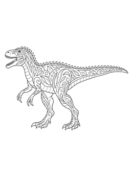 Detailed mandala-patterned allosaurus coloring page shown standing in profile.