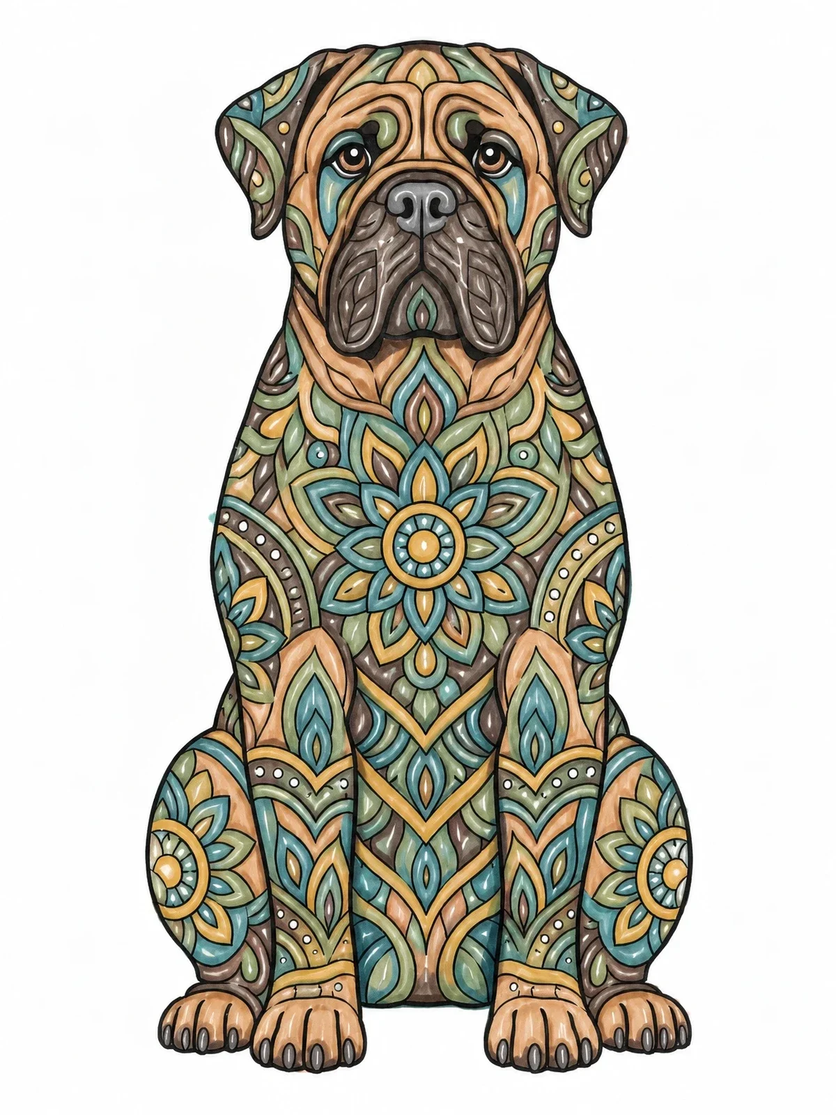 Colored example of the Intricate Mandala Bullmastiff coloring page