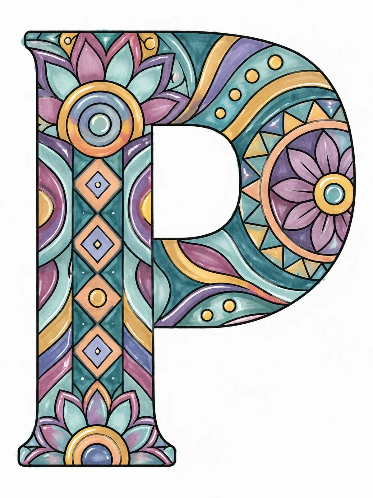 Colored example of the Intricate Mandala Capital Letter P coloring page