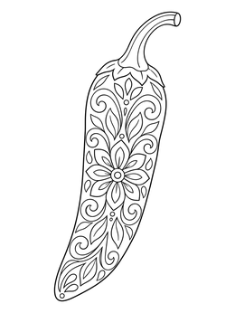 An intricate patterned chili peppers coloring page featuring floral details.