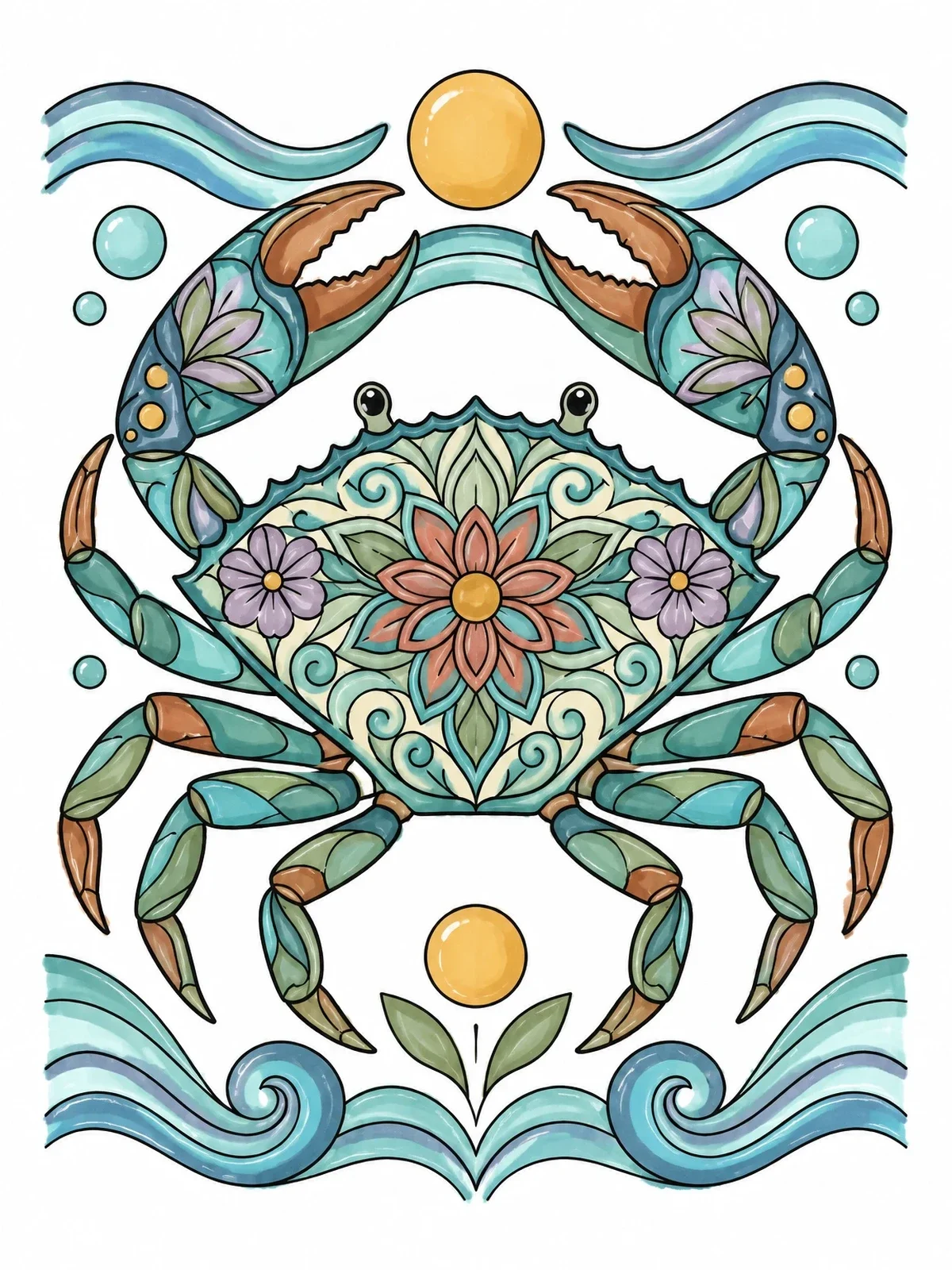 Colored example of the Intricate Mandala Crab With Claws coloring page