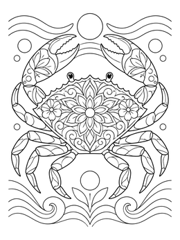 An ornate crab coloring page featuring a detailed floral mandala carapace and ocean waves.