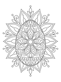 An intricate mandala easter egg coloring page surrounded by floral petals and swirling ornaments.