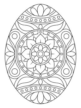 An intricate mandala easter egg coloring page filled with floral petals and geometric patterns.