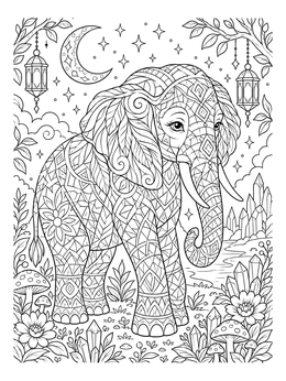 An ornate elephant coloring page surrounded by crystals, hanging lanterns, and a crescent moon.