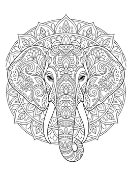 An intricate mandala elephant coloring page featuring paisley and floral motifs.