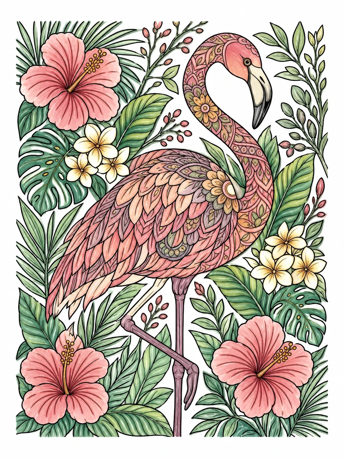Colored example of the Intricate Mandala Flamingo And Tropical Blooms coloring page