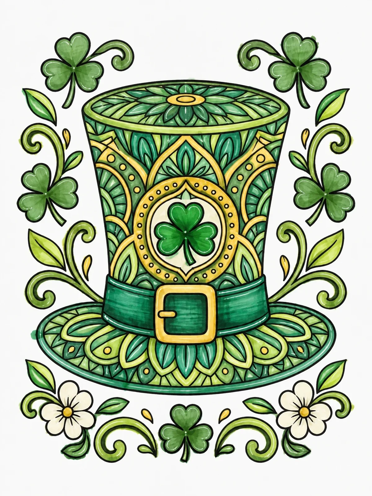 Colored example of the Intricate Mandala Leprechaun Hat coloring page