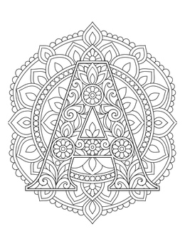 An intricate letter A coloring page decorated with symmetrical floral and mandala patterns.
