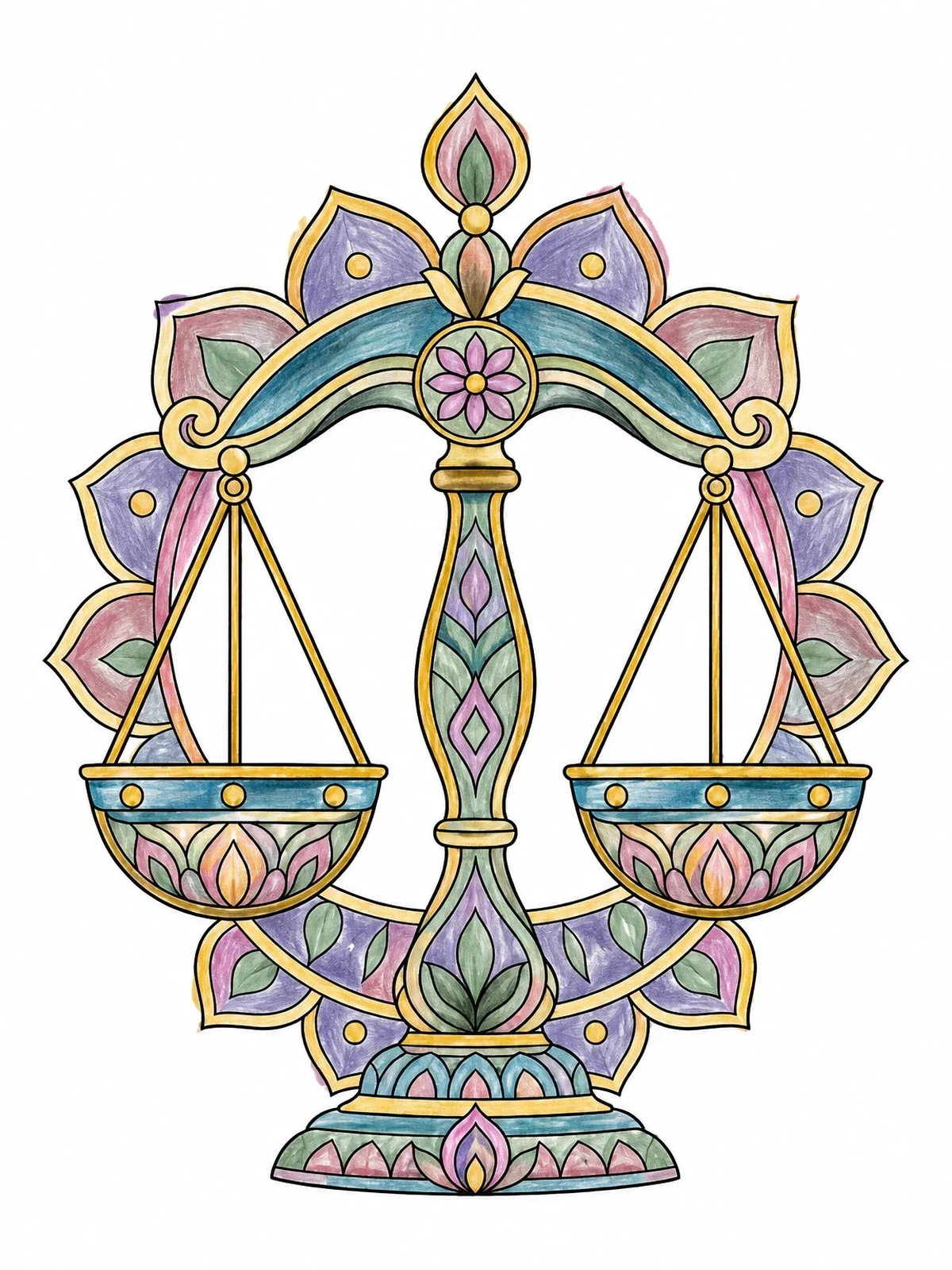 Colored example of the Intricate Mandala Libra Scales coloring page