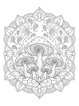 Detailed mushroom coloring page featuring a mandala frame and floating paisley patterns.