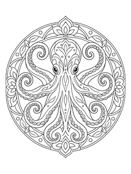 An intricate octopus coloring page framed within a detailed circular floral mandala.