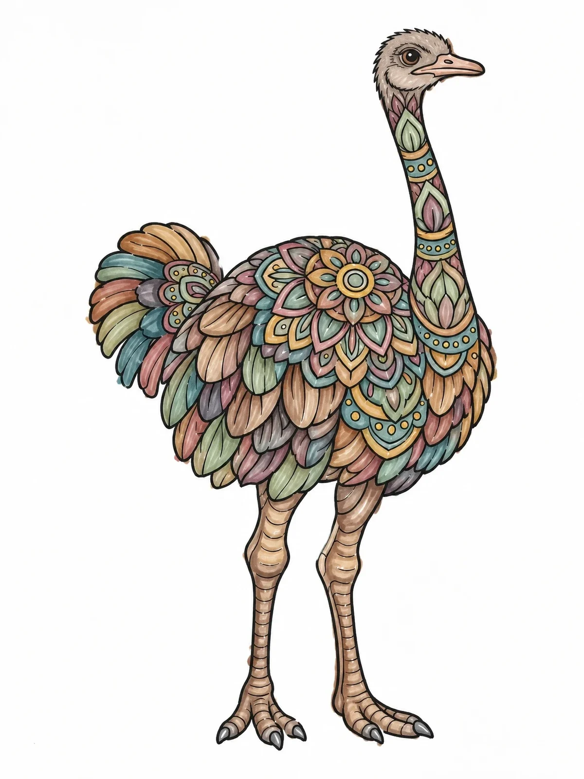 Colored example of the Intricate Mandala Pattern Ostrich coloring page