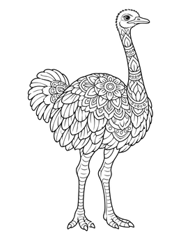 An ornate ostrich coloring page featuring detailed mandala and floral feathers.