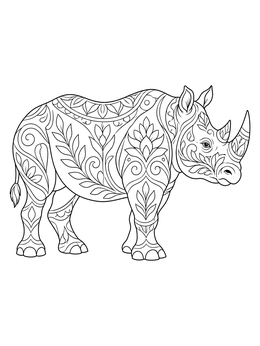 An ornate rhinoceros coloring page filled with intricate floral and mandala patterns.