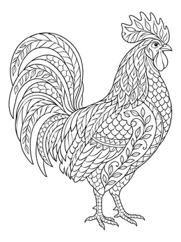 An ornate rooster coloring page decorated with intricate floral and zentangle feather patterns.