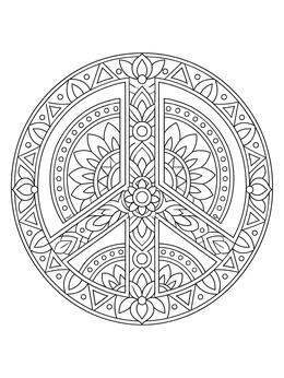 An intricate mandala peace sign coloring page filled with floral and geometric patterns.