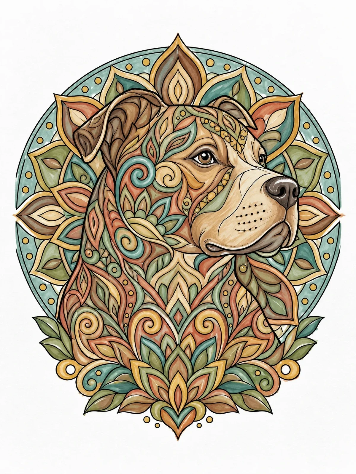 Colored example of the Intricate Mandala Pitbull Portrait coloring page