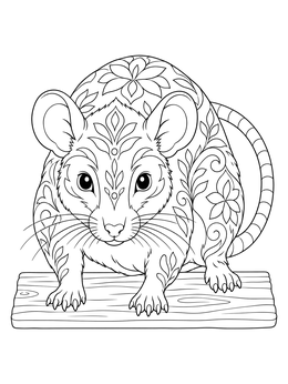 An ornate rat coloring page featuring floral mandala patterns on a wooden surface.