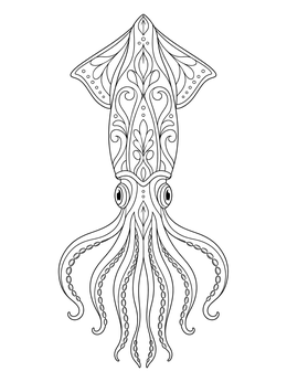 Detailed squid coloring page with ornamental mandala patterns on its body.