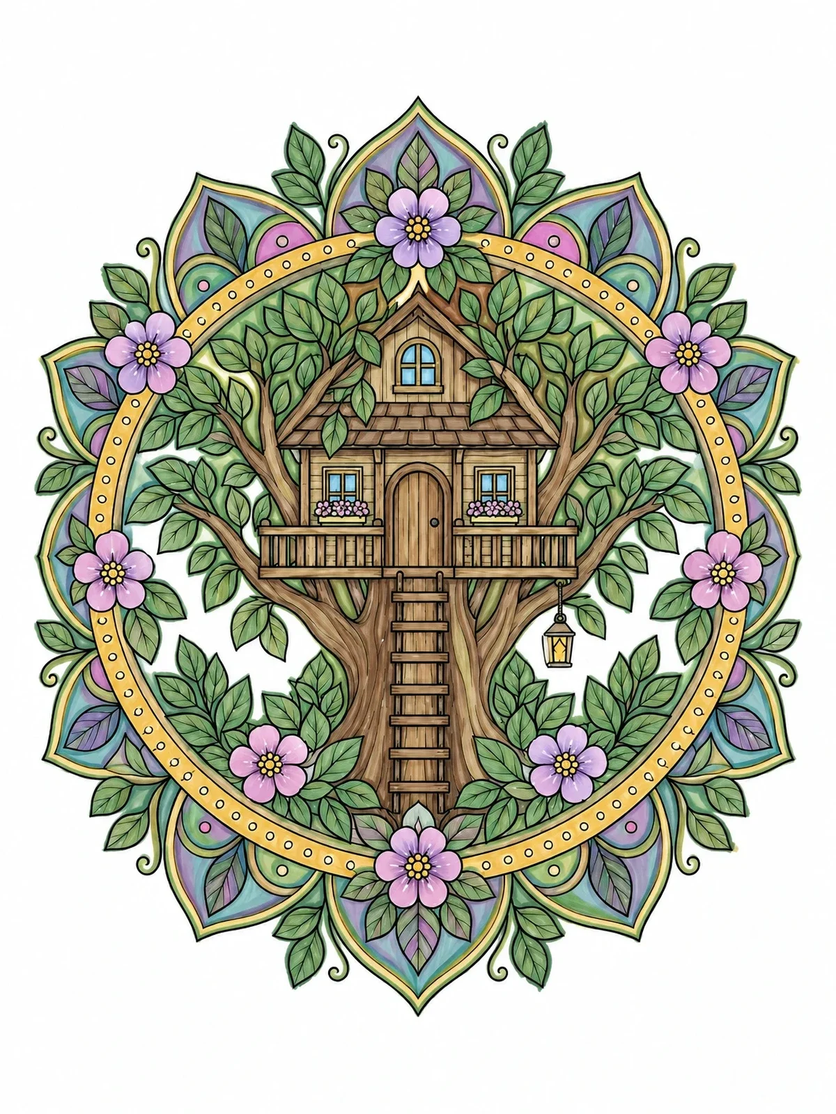 Colored example of the Intricate Mandala Tree House coloring page
