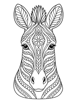 Detailed zebra coloring page featuring ornate patterns and a frontal head portrait.