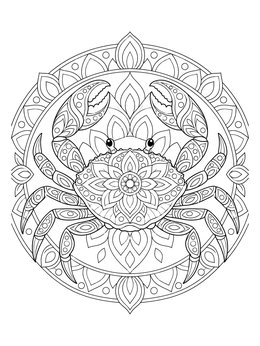 An ornate crab coloring page centered within a circular floral mandala.