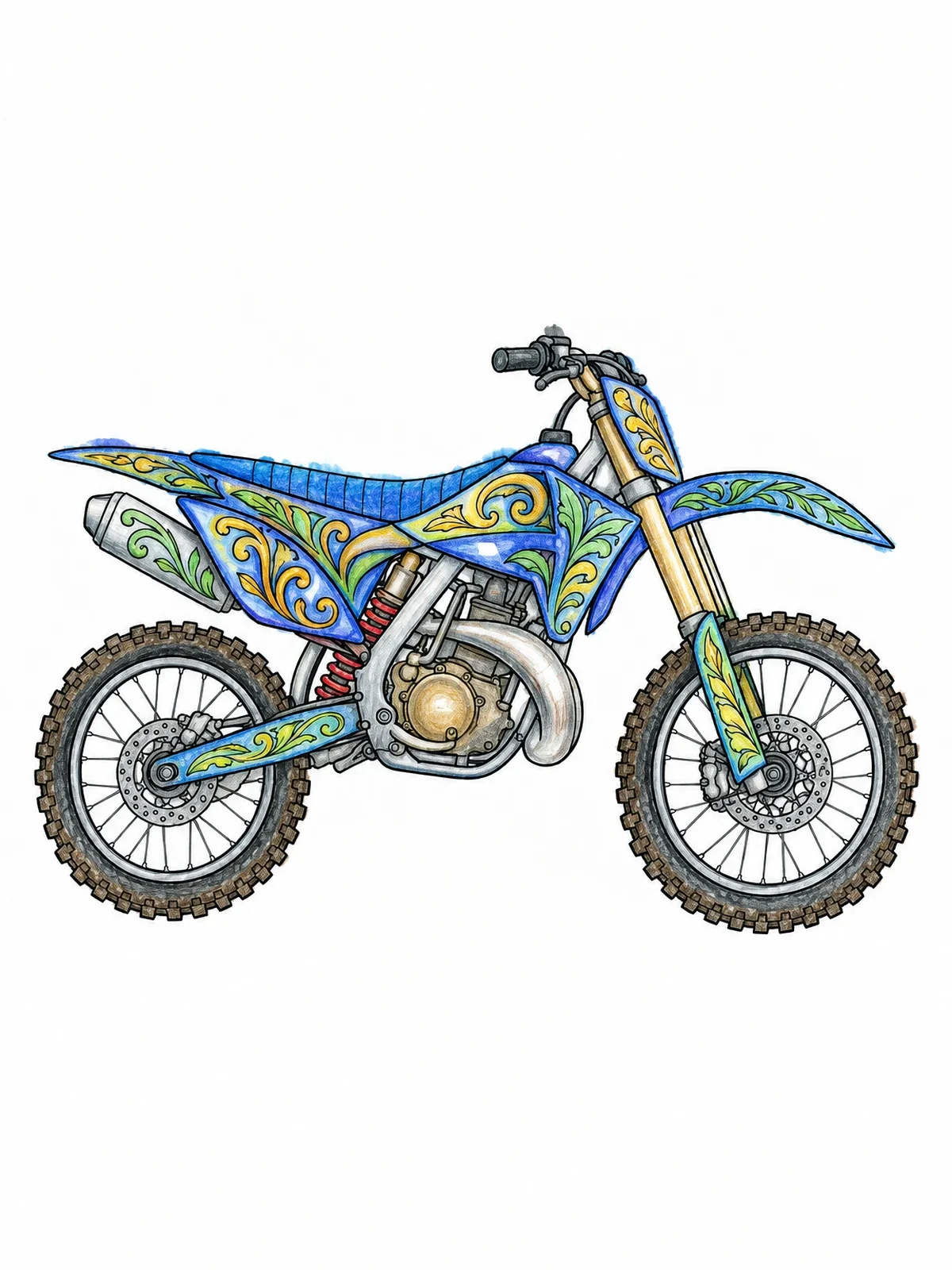 Colored example of the Intricate Motocross Dirt Bike Profile coloring page