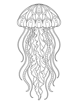 Detailed jellyfish coloring page with ornate patterns on the bell and ruffled tentacles.