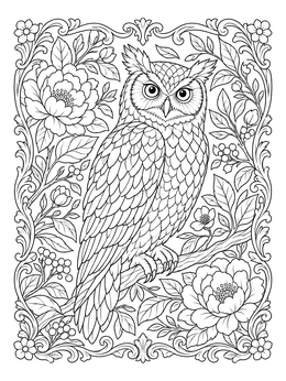Detailed owl coloring page framed by lush flowers and ornate flourishes.