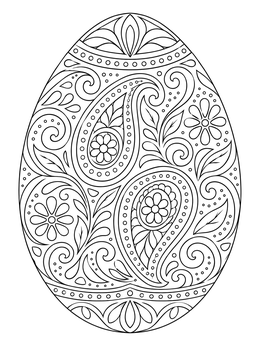 An intricate paisley and floral pattern fills this adult easter egg coloring page.