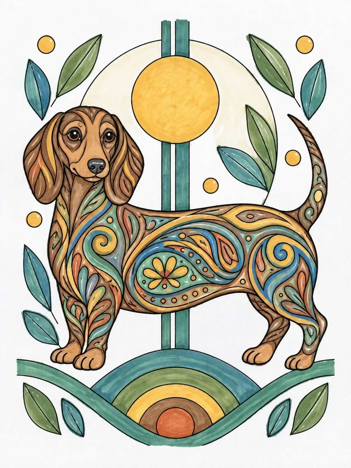 Colored example of the Intricate Paisley Patterned Dachshund coloring page