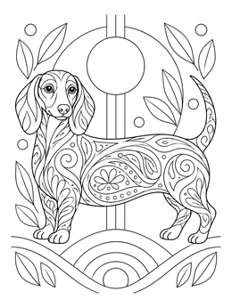 An ornate dachshund coloring page decorated with paisley patterns and surrounded by leaves.