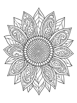 An intricate mandala-style sunflower coloring page with paisley patterns.
