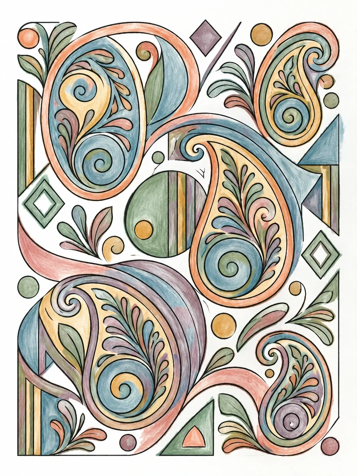 Colored example of the Intricate Paisley Swirl Pattern coloring page
