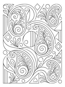An intricate swirl coloring page with paisley drops and leafy flourishes.