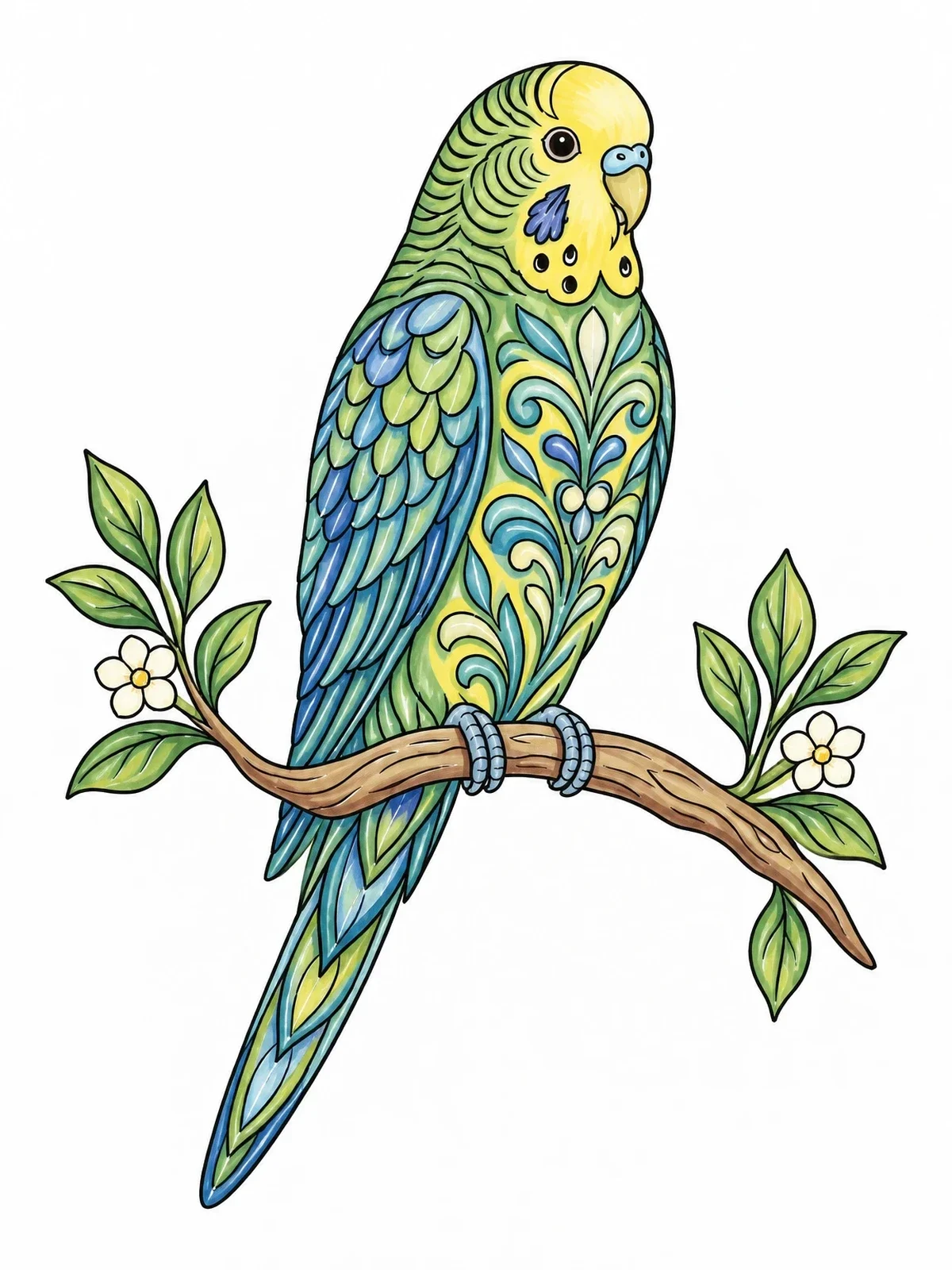 Colored example of the Intricate Parakeet On Leafy Branch coloring page