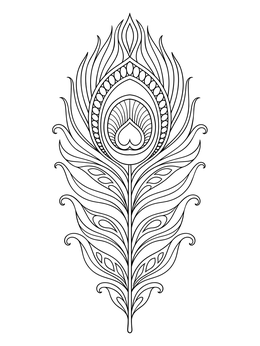 A detailed feather coloring page featuring an ornate peacock plume pattern.